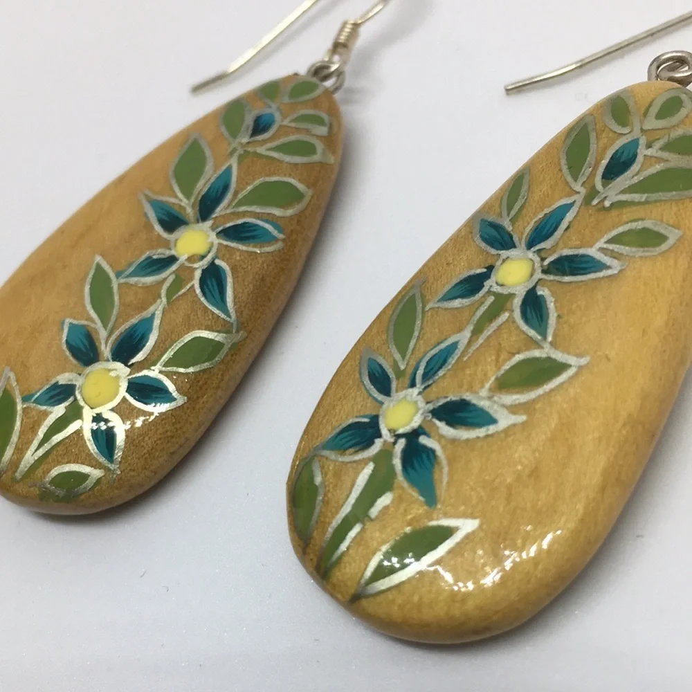 Hand Painted Walnut Wood Sterling Silver Teardrop Earrings Teal & Yellow Floral